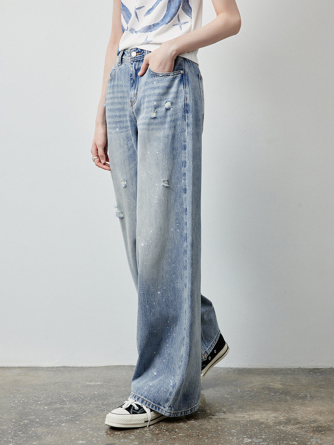 Sparkly Distressed Wide Leg Jeans
