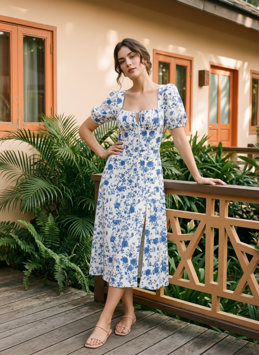 Floral Print Puff Sleeve Tie MidiDress