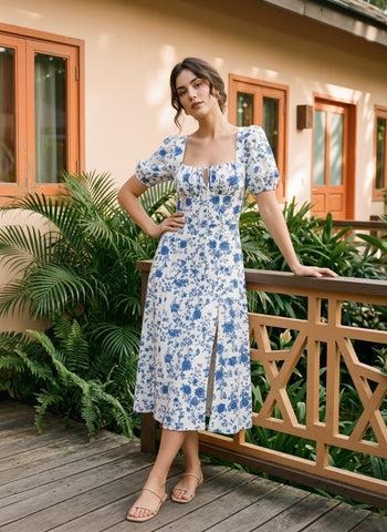 Floral Print Puff Sleeve Tie MidiDress