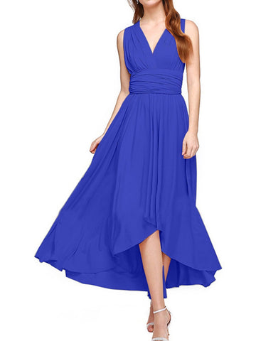 V-Neck Pleated Asymmetric Hem Casual Midi Dress