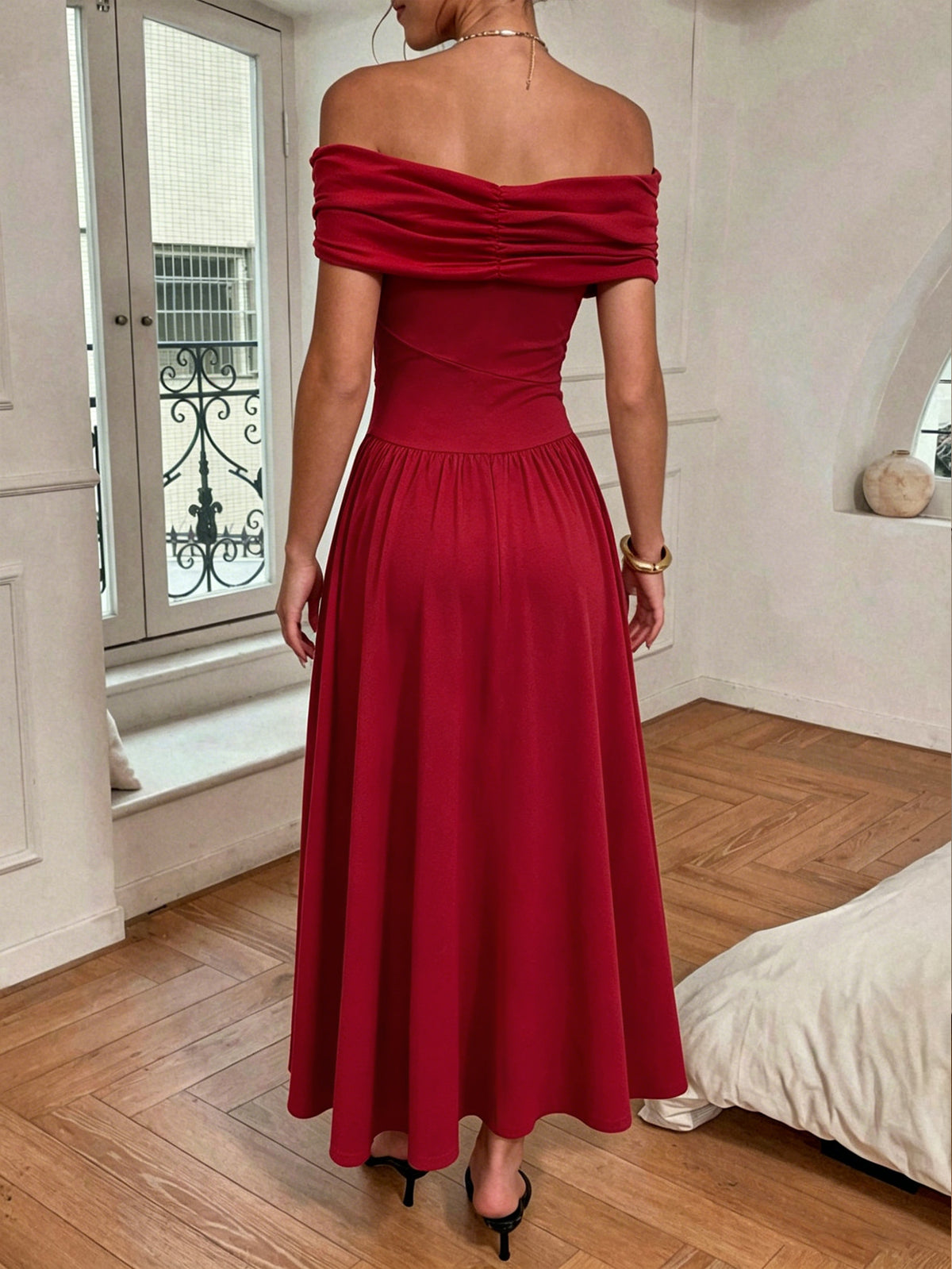 Elegant Off Shoulder Ruched Midi Dress