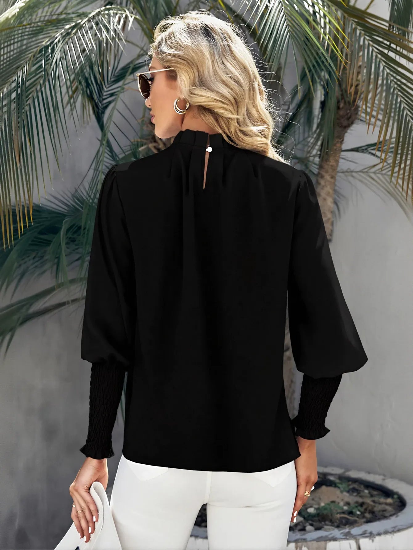 Elegant Pleated Smocked Cuff Blouse