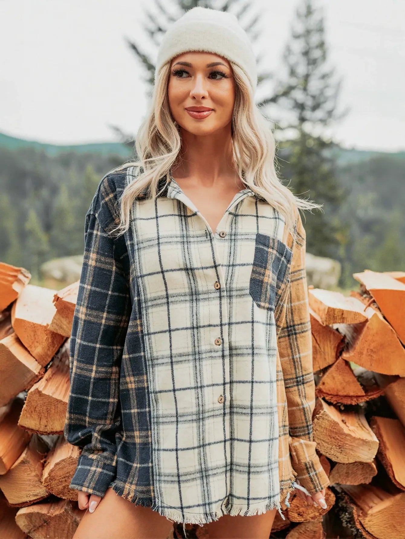 Oversized Colorblock Plaid Button Up Jacket