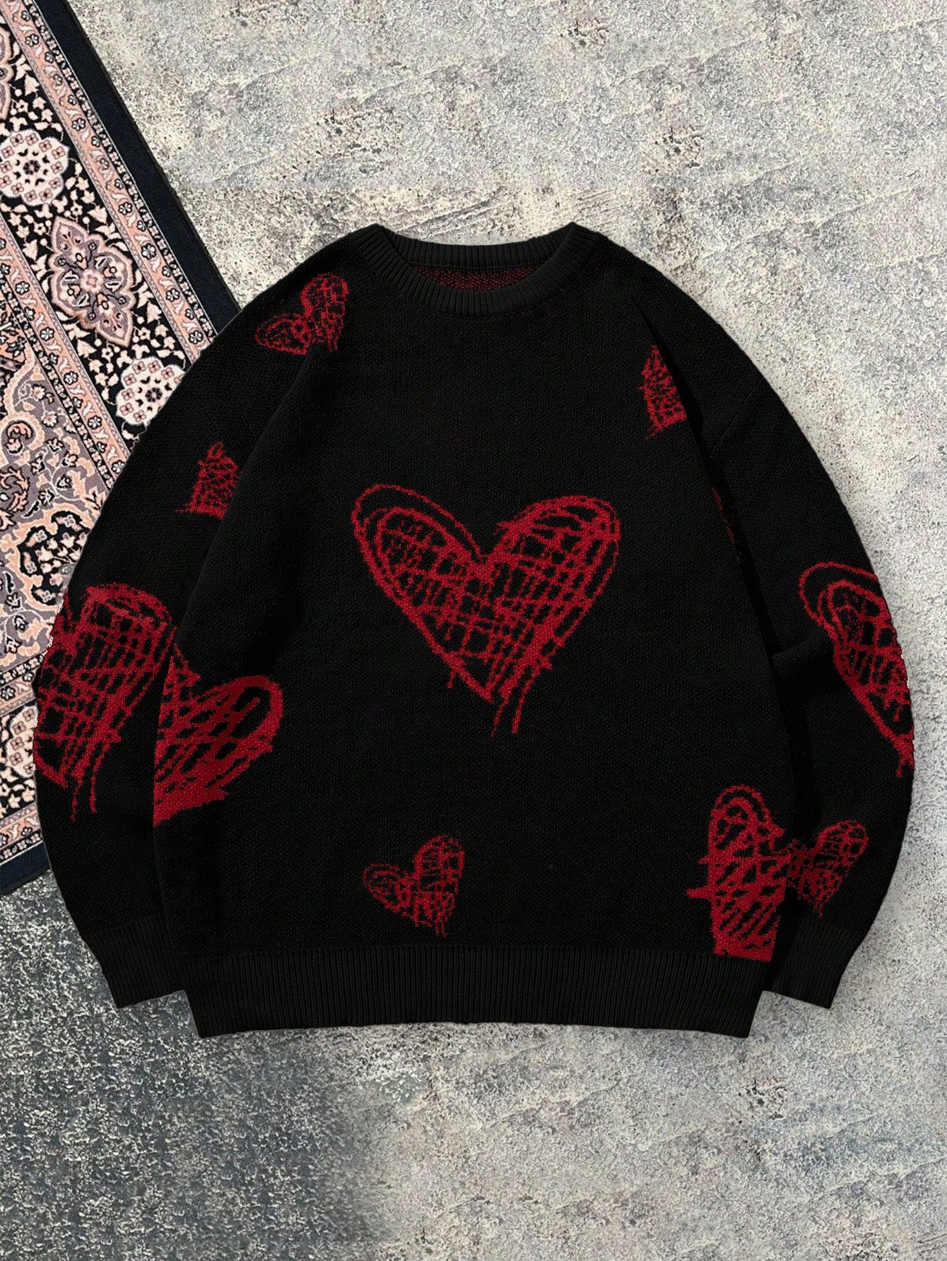 Graffiti Style Red Heart Print Relaxed Knit Pullover