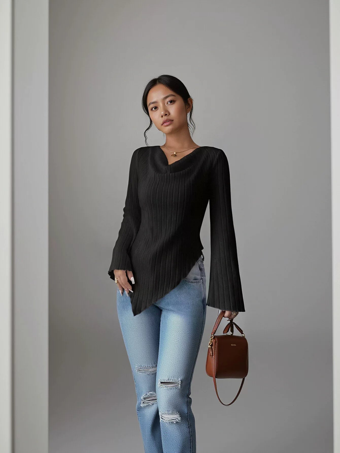 Ribbed Cowl Neck Flare Sleeve Top
