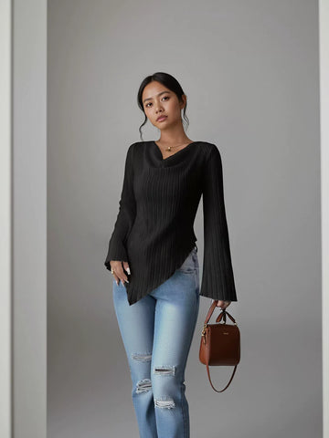 Ribbed Cowl Neck Flare Sleeve Top