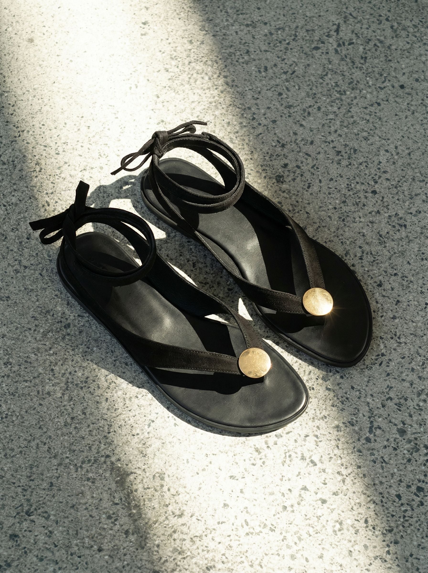 Ankle-Tie Cross-Strap Gold Accent Boho Chic Flat Sandals-Black