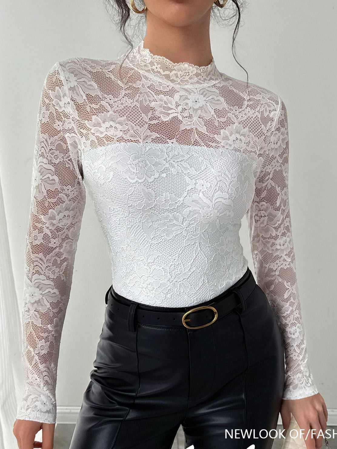 Sheer Floral Lace Mock Neck Top