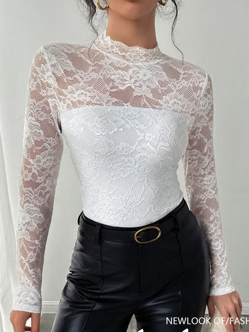 Sheer Floral Lace Mock Neck Top