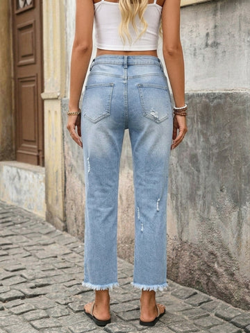 Distressed High Rise Raw Hem Jeans