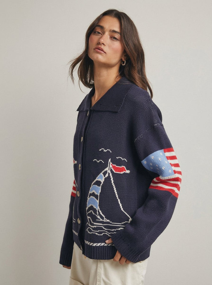 Nautical Graphic Oversized Knit Cardigan