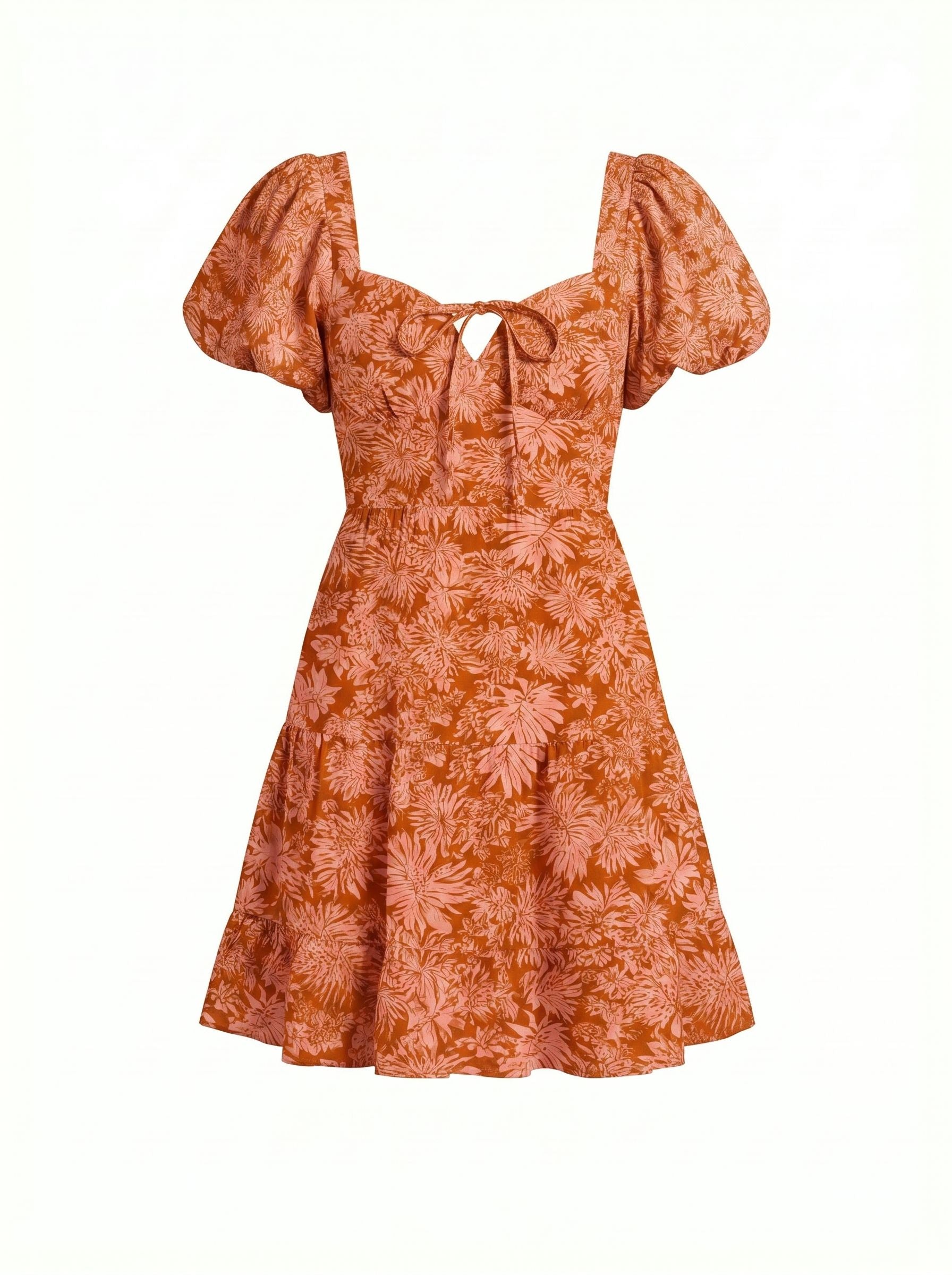 Floral Print Puff Sleeve Tiered Mini Dress