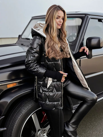 Metallic Hooded Quilted Puffer Jacket