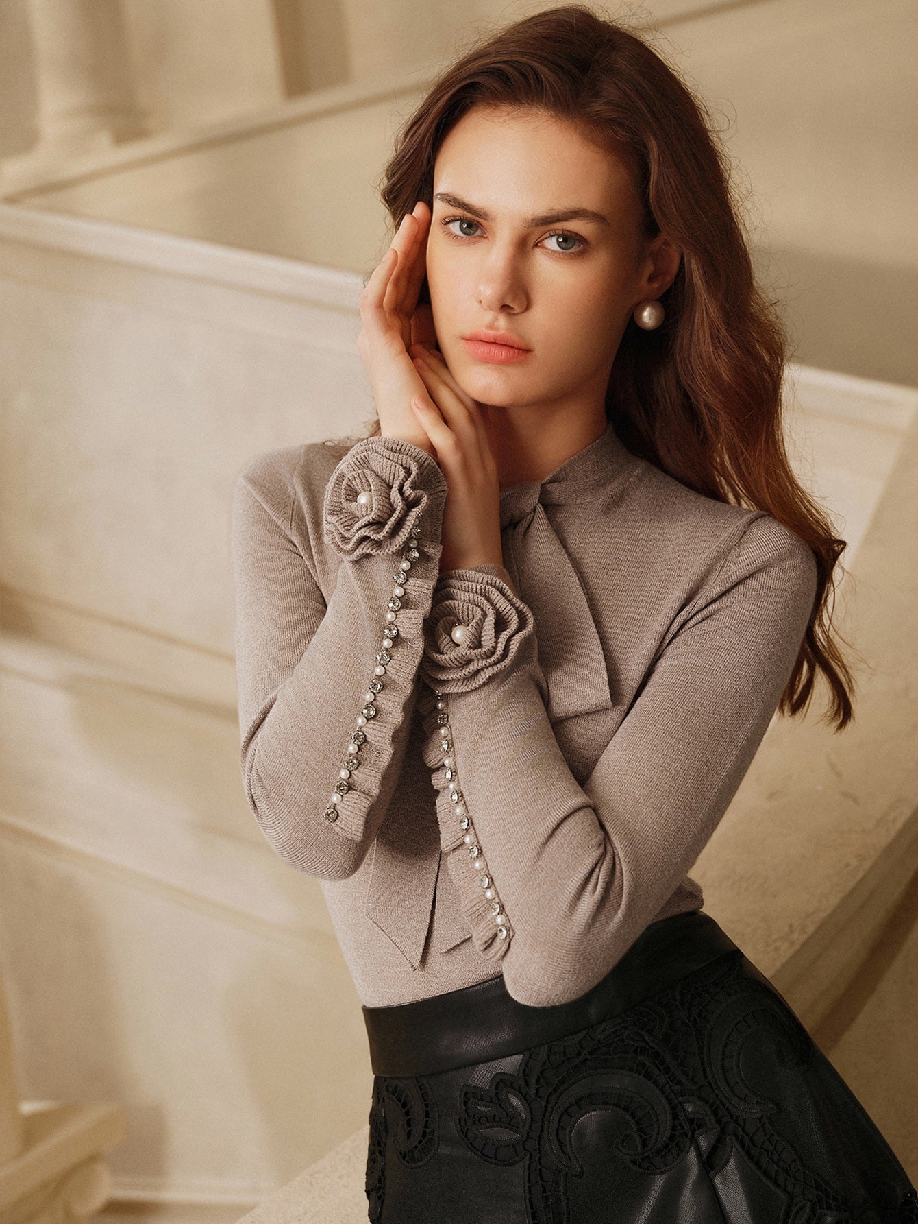 Elegant Floral Embellished Knit Pullover
