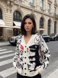 Oversized Graphic Print Knit Cardigan
