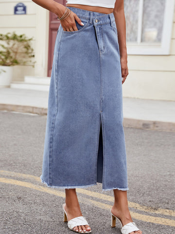 High Waisted Raw Hem Denim Skirt