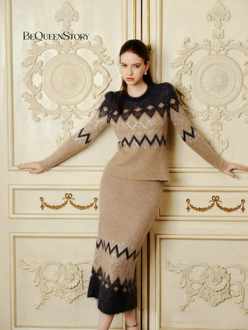 Fuzzy Geometric Pattern Knit Pullover Sweater