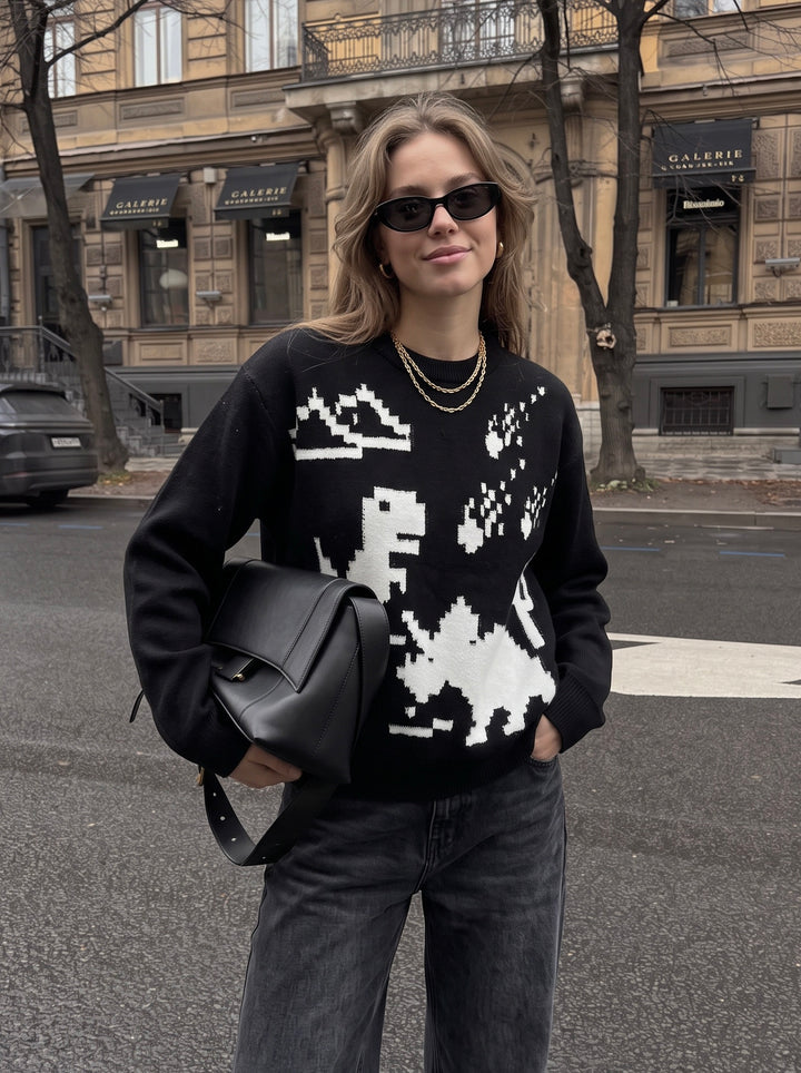 Retro 8-Bit Dino Print Oversized Black Knit Sweater