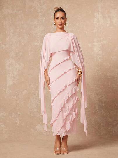 Elegant Ruffled Cape Sleeve Midi Dress