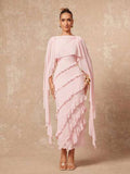 Elegant Ruffled Cape Sleeve Midi Dress