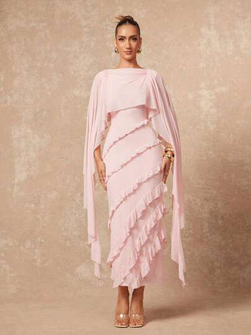 Elegant Ruffled Cape Sleeve Midi Dress