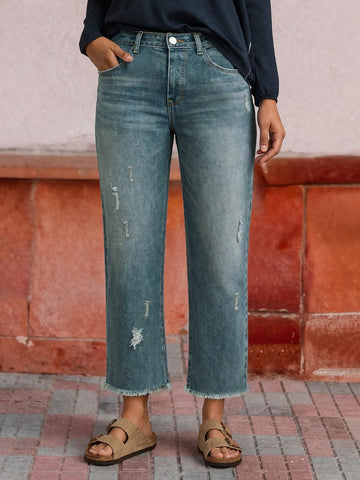 High Rise Distressed Straight Jeans