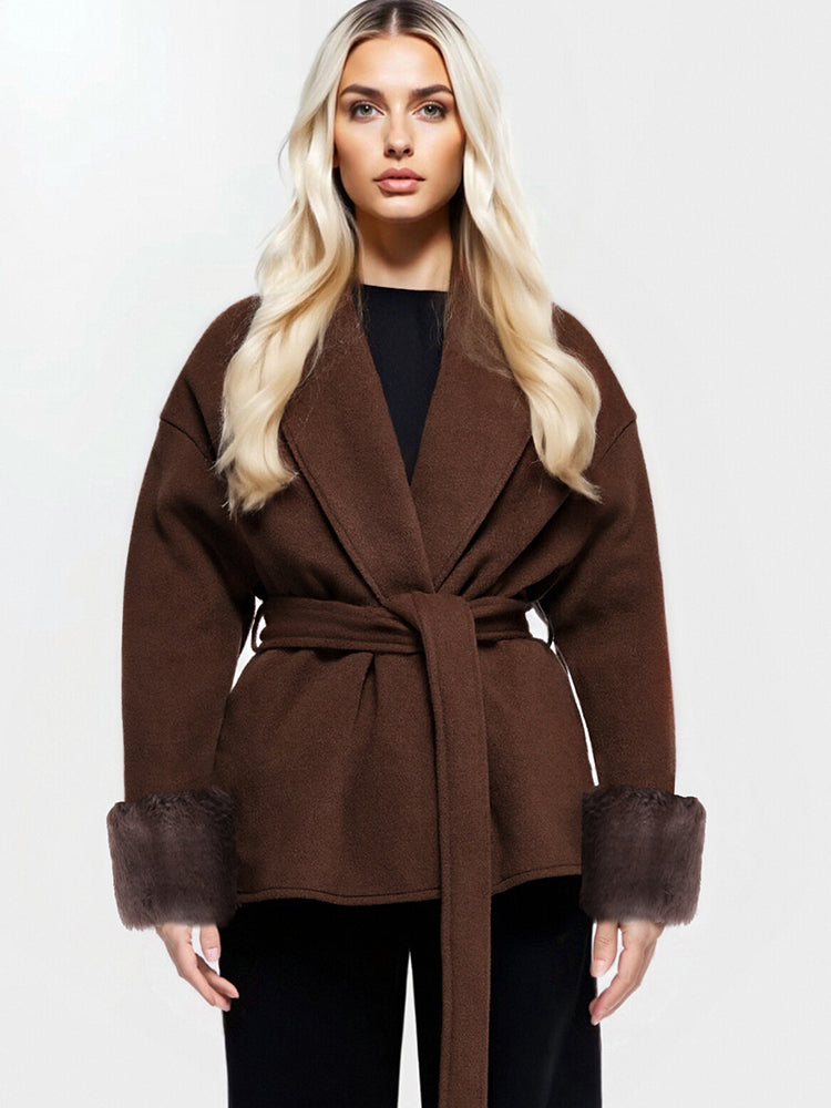 Faux Fur Trim Belted Coat