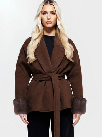 Faux Fur Trim Belted Coat