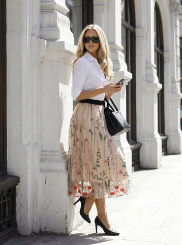 Floral Embroidered Tulle Midi Skirt