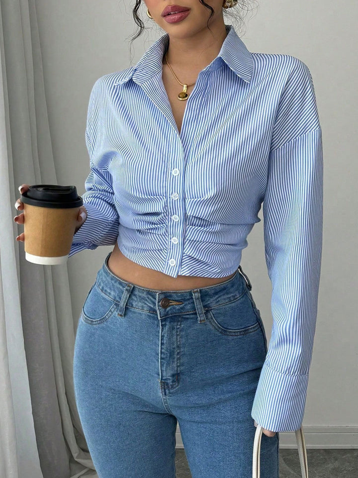 Ruched Striped Button Down Crop Shirt