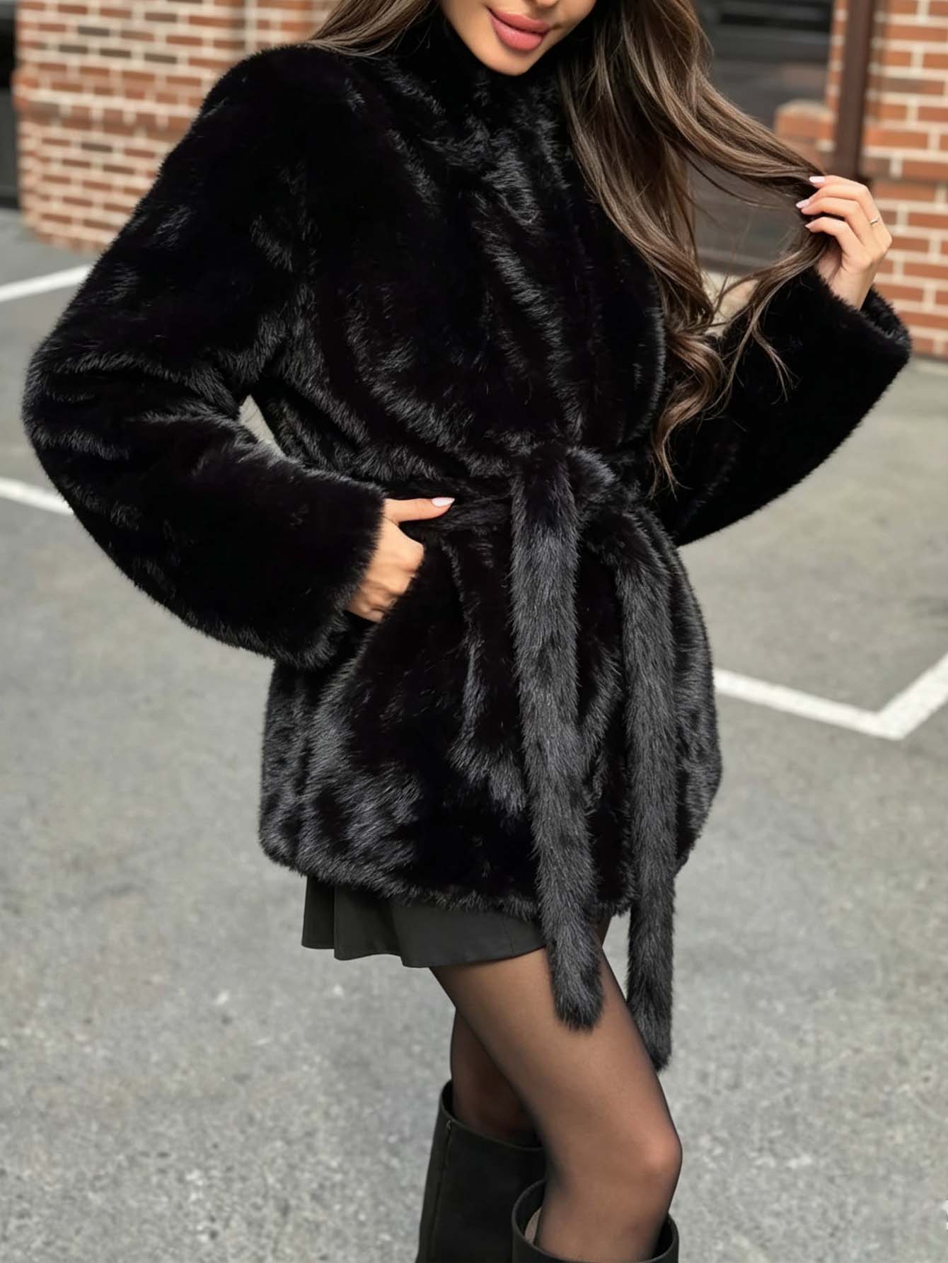 Luxurious Plush Belted Faux Fur Coat