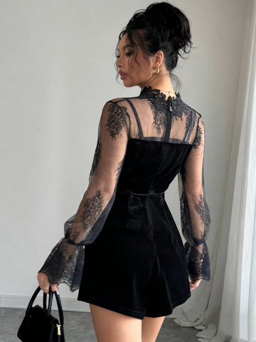 Black Velvet Lace Accented Jumpsuit