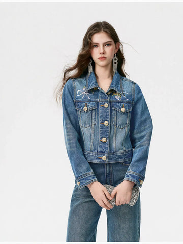 Embroidered Floral Gold Button Denim Jacket