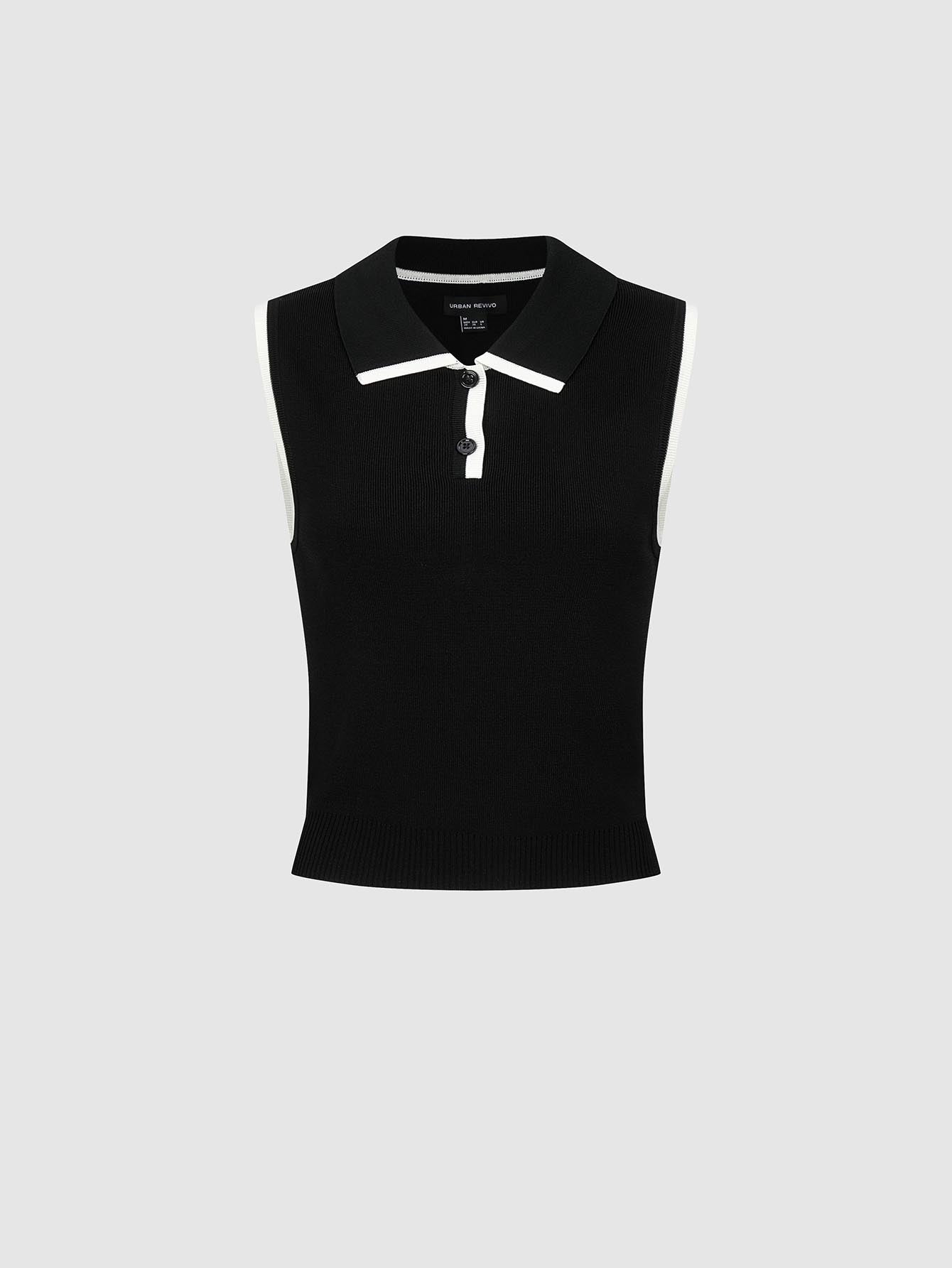 Urban Revivo Polo Neck Contrast Trim Sleeveless Knitted T-Shirts-White
