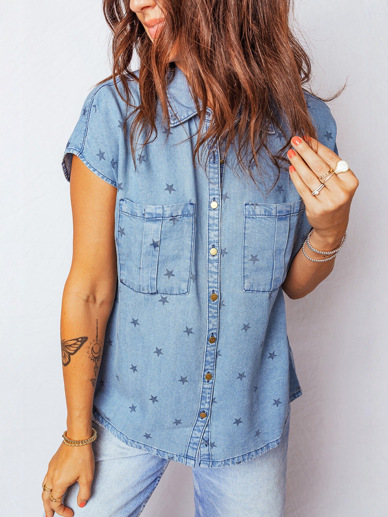 Star Print Button Down Denim Shirt