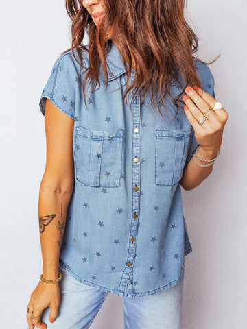 Star Print Button Down Denim Shirt