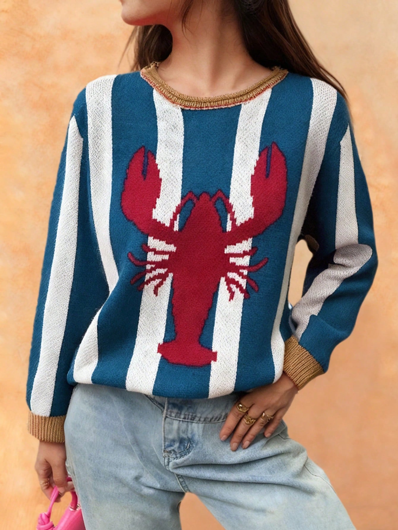 Oversized Striped Lobster Graphic Sweater