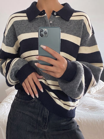 Oversized Striped Polo Collar Sweater