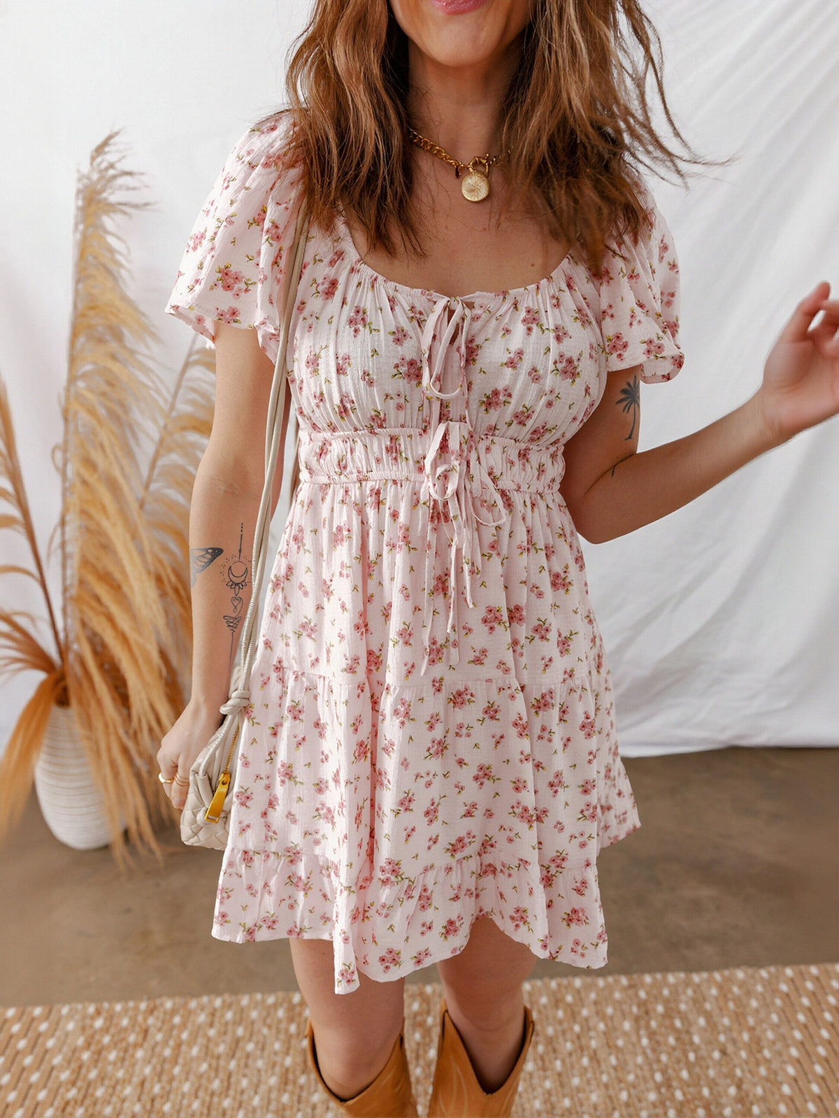 Floral Tie Front Tiered Mini Dress
