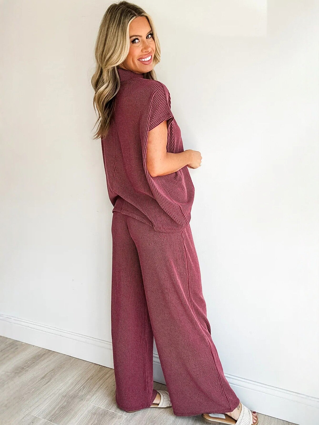 Striped High Neck Wide Leg Pants Set