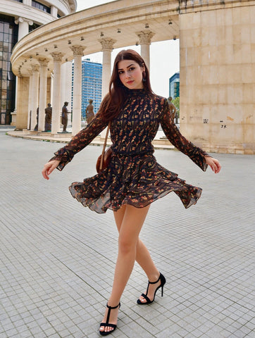 Floral Print Ruffled Chiffon Mini Dress