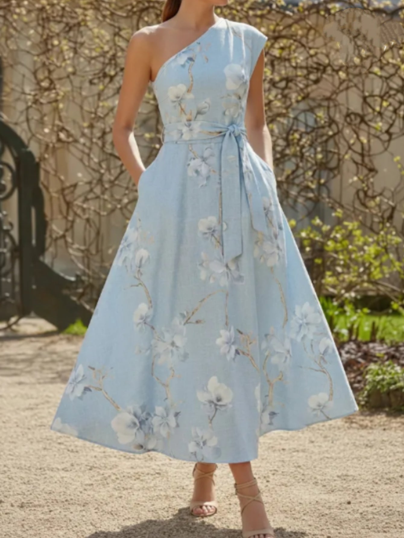 Floral One Shoulder Belted Midi Dress