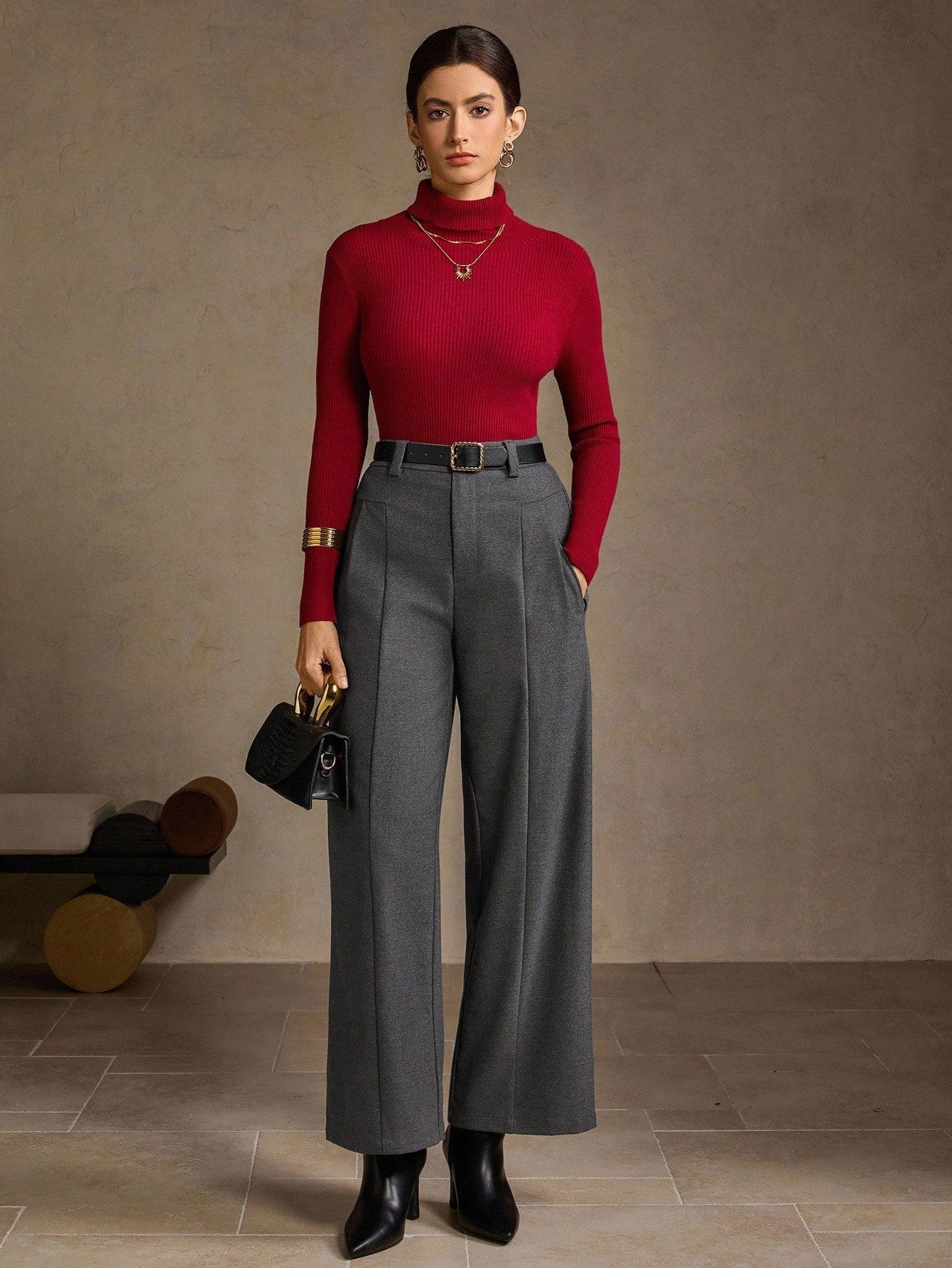 High-Waisted Belted Wool Wide-Leg Vintage Pants-Gray