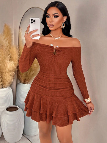 Off Shoulder Ruched Ruffle Mini Dress