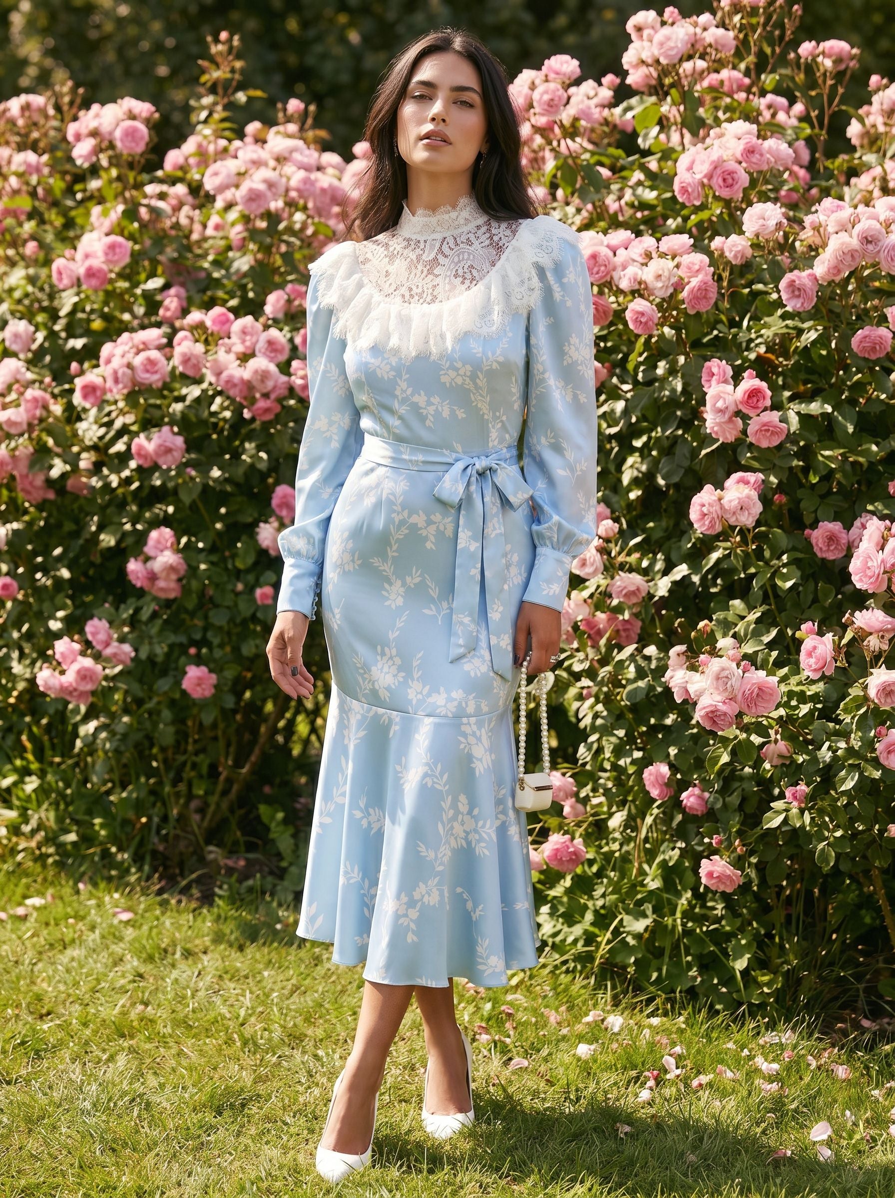 Vintage Lace Trim Floral Midi Dress