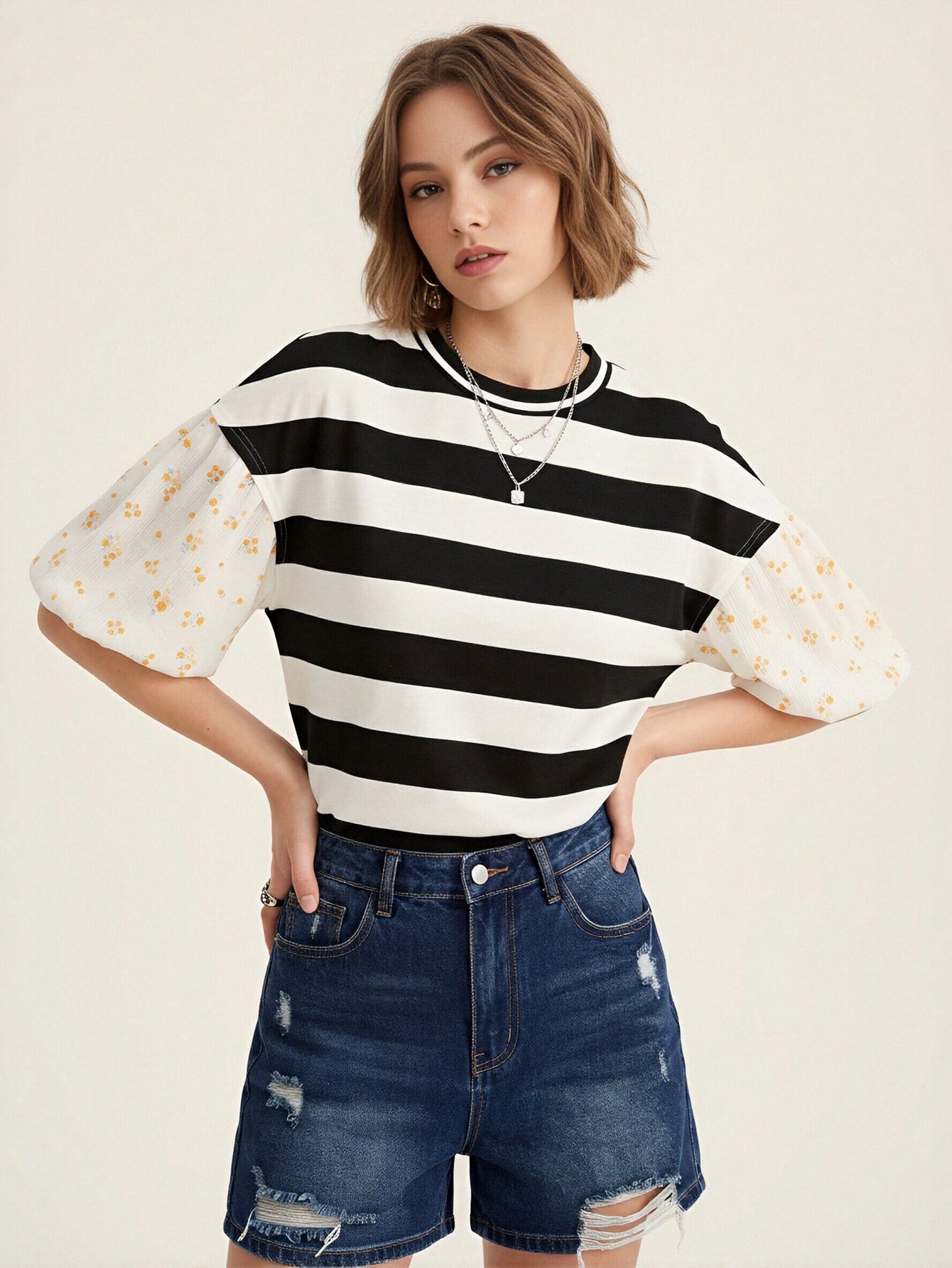 Floral Sleeve Striped Unique T-Shirt