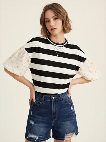 Floral Sleeve Striped Unique T-Shirt