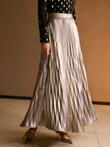 Metallic High Waisted Pleated Maxi Skirt