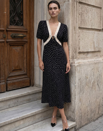 Polka Dot Lace Trim Midi Dress