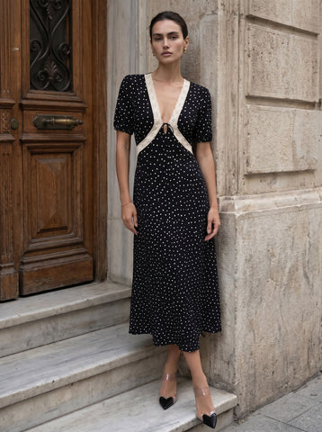 Polka Dot Lace Trim Midi Dress